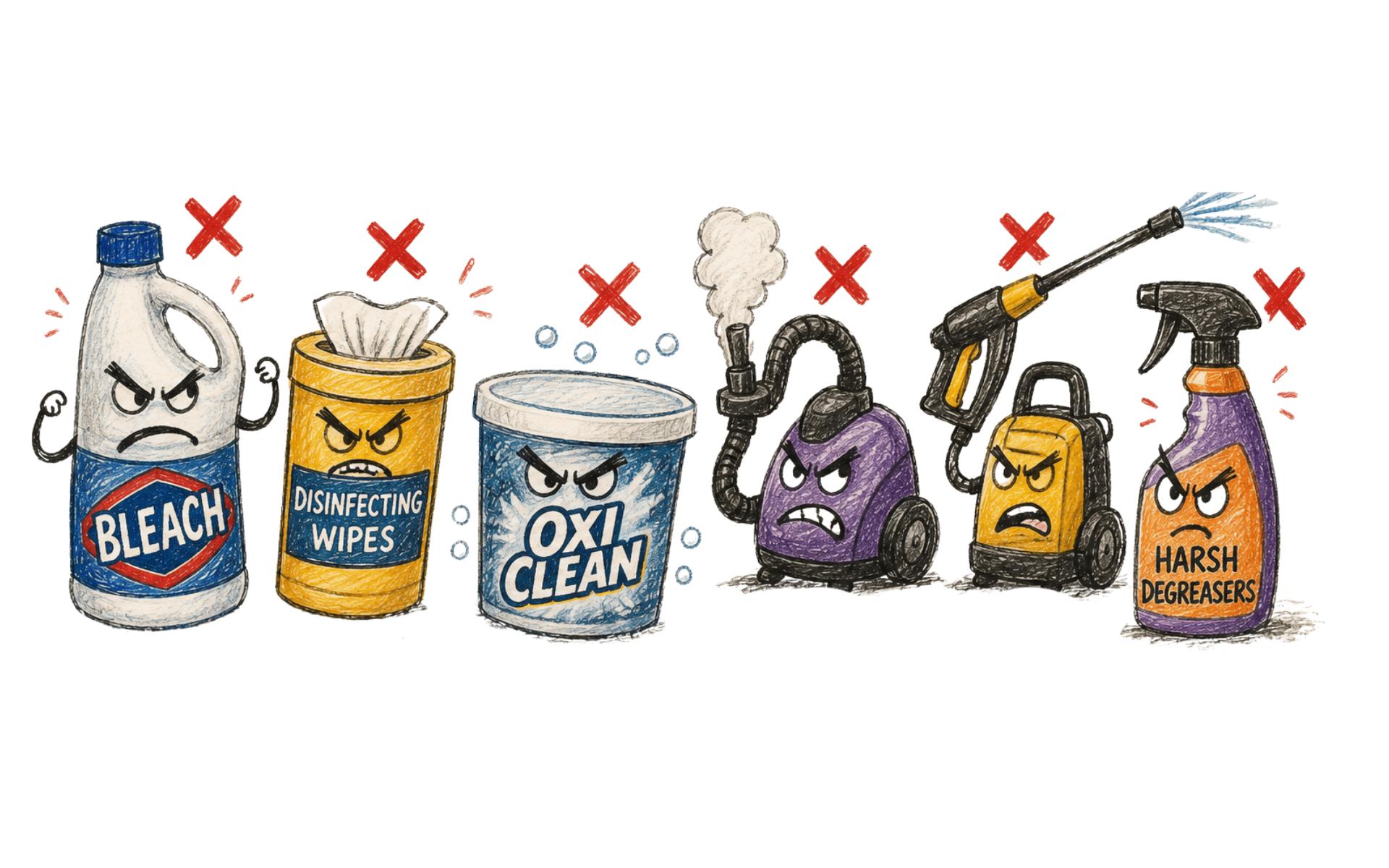 What I don't use: bleach, disinfecting wipes, OxiClean, steam cleaners, pressure washers, and harsh degreasers. Because your baby's safety comes first.
